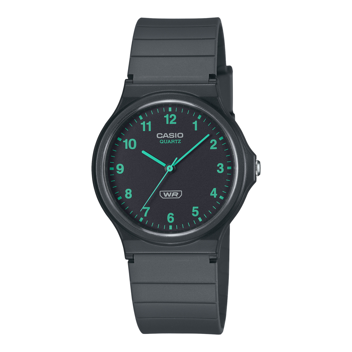 Armbanduhr mit dunkelgrauem Silikonarmband und grünem Zifferblatt, Minutenskala