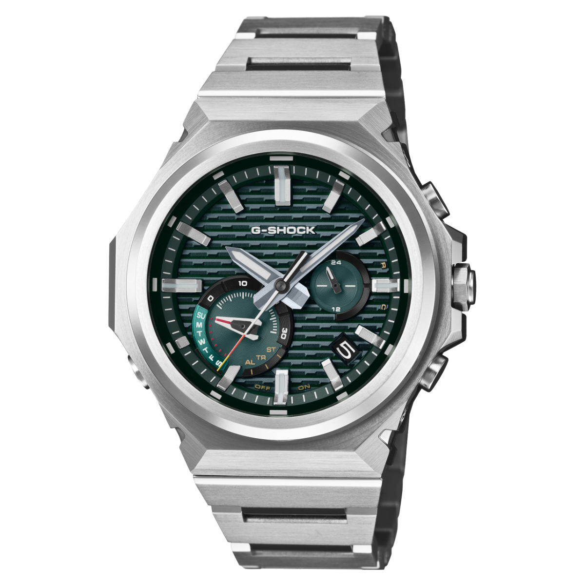 Casio G-Shock Herrenarmbanduhr mit grünem Zifferblatt und silbernem Metallarmband