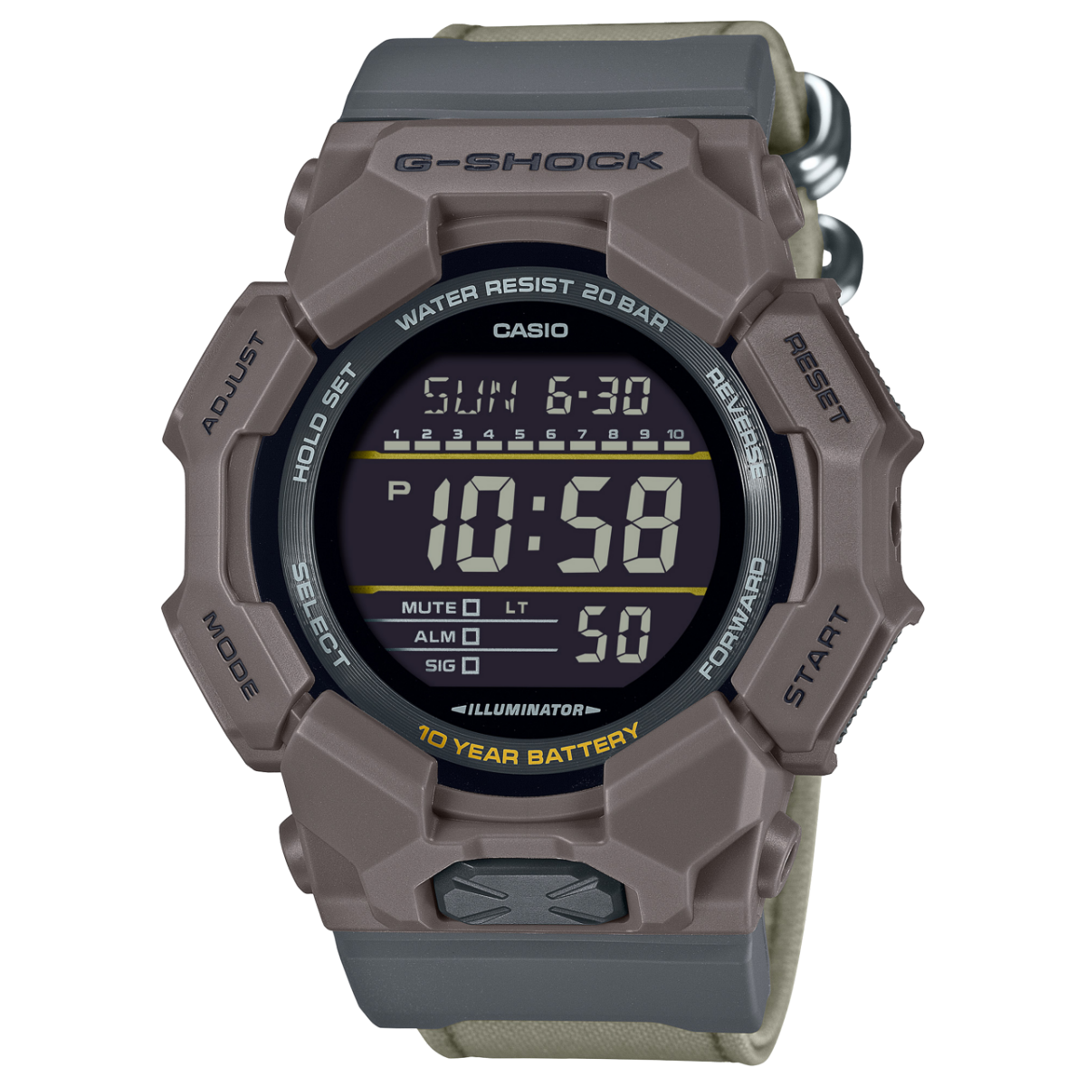 Casio G-Shock Digitaluhr mit grauem Harzarmband und Display „WATER RESIST 20 BAR“.