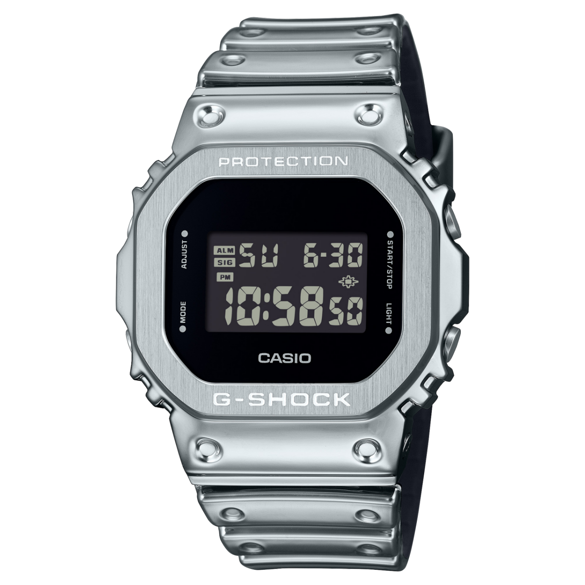 G-Shock Herrenuhr mit silbernem Edelstahlgehäuse und schwarzem Digitaldisplay