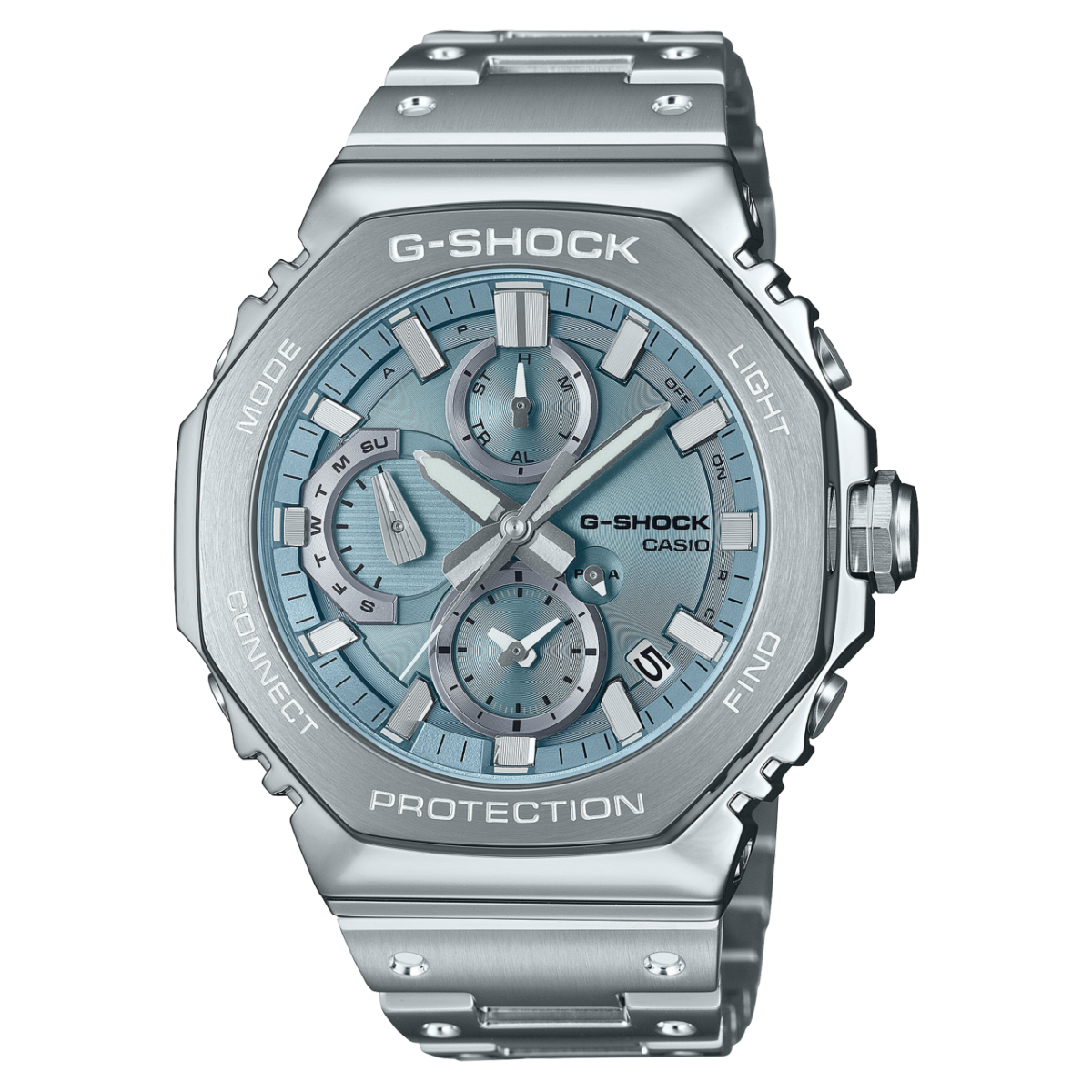 Casio G-Shock Herrenuhr mit Edelstahlarmband, blauem Zifferblatt und Chronographendesign.