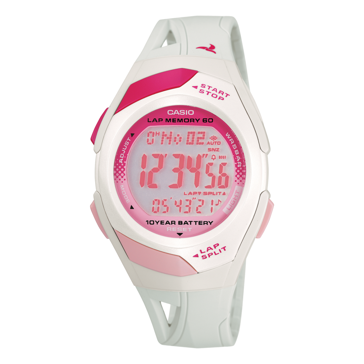Casio Damenuhr mit weißem Gehäuse, pinkem Digitaldisplay und Stoppuhr-Anzeige