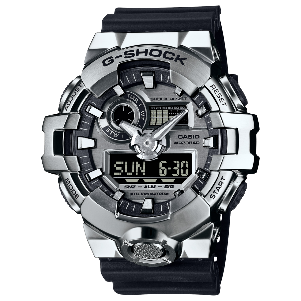 Casio G-Shock GM-700 Uhr mit silberner Edelstahl-Lünette und schwarzem Analog-Digital-Display