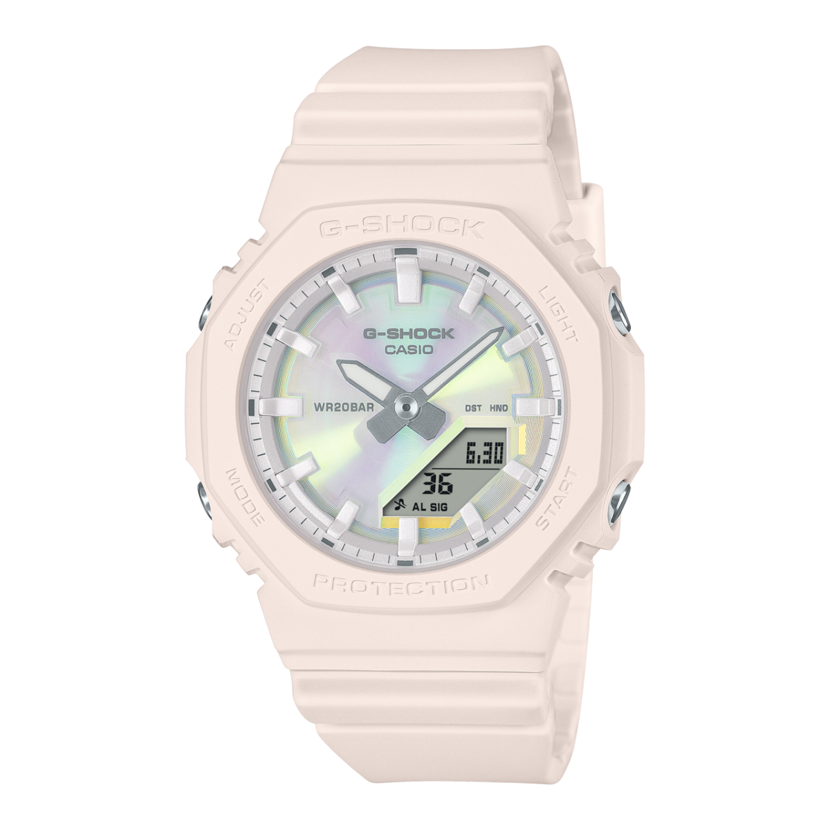 Casio G-Shock Damen-Armbanduhr mit hellroséfarbenem Resinband und polarisiertem Zifferblatt
