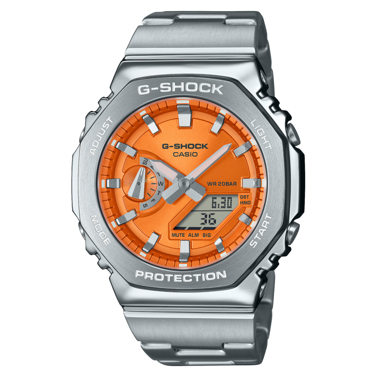 Casio G-Shock Herrenuhr mit silbernem Metallarmband, orangefarbenem Zifferblatt und Digitalanzeige