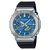 Herrenarmbanduhr mit blauem Zifferblatt, silbernem Gehäuse und schwarzem Kautschukband