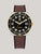 Automatikuhr im Detail: schwarzes Zifferblatt, goldene Zeiger, braunes Lederarmband