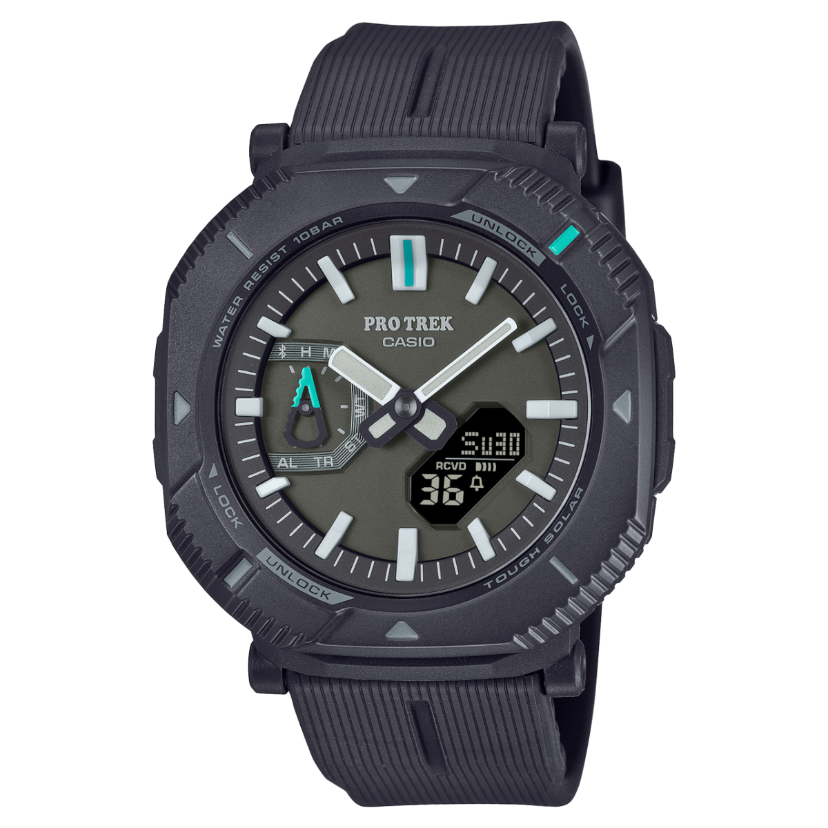 Casio Pro Trek Herrenuhr mit dunklem Zifferblatt, grauem Texturband und grünen Akzenten