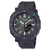 Casio Pro Trek Herrenuhr mit dunklem Zifferblatt, grauem Texturband und grünen Akzenten