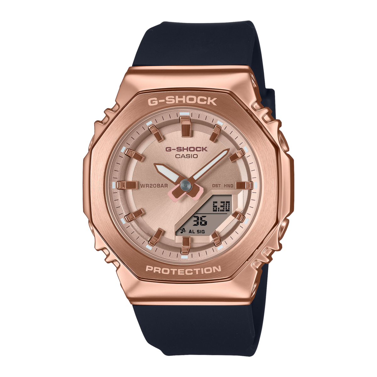 Damen-G‑Shock-Armbanduhr mit roségoldfarbenem Gehäuse und schwarzem Silikonarmband