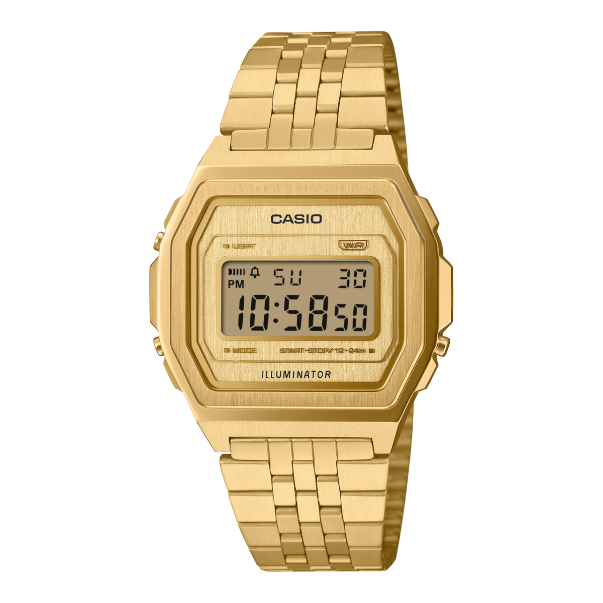 Goldfarbene Vintage-Digitaluhr mit Edelstahlgehäuse und Metallarmband, LCD-Display.