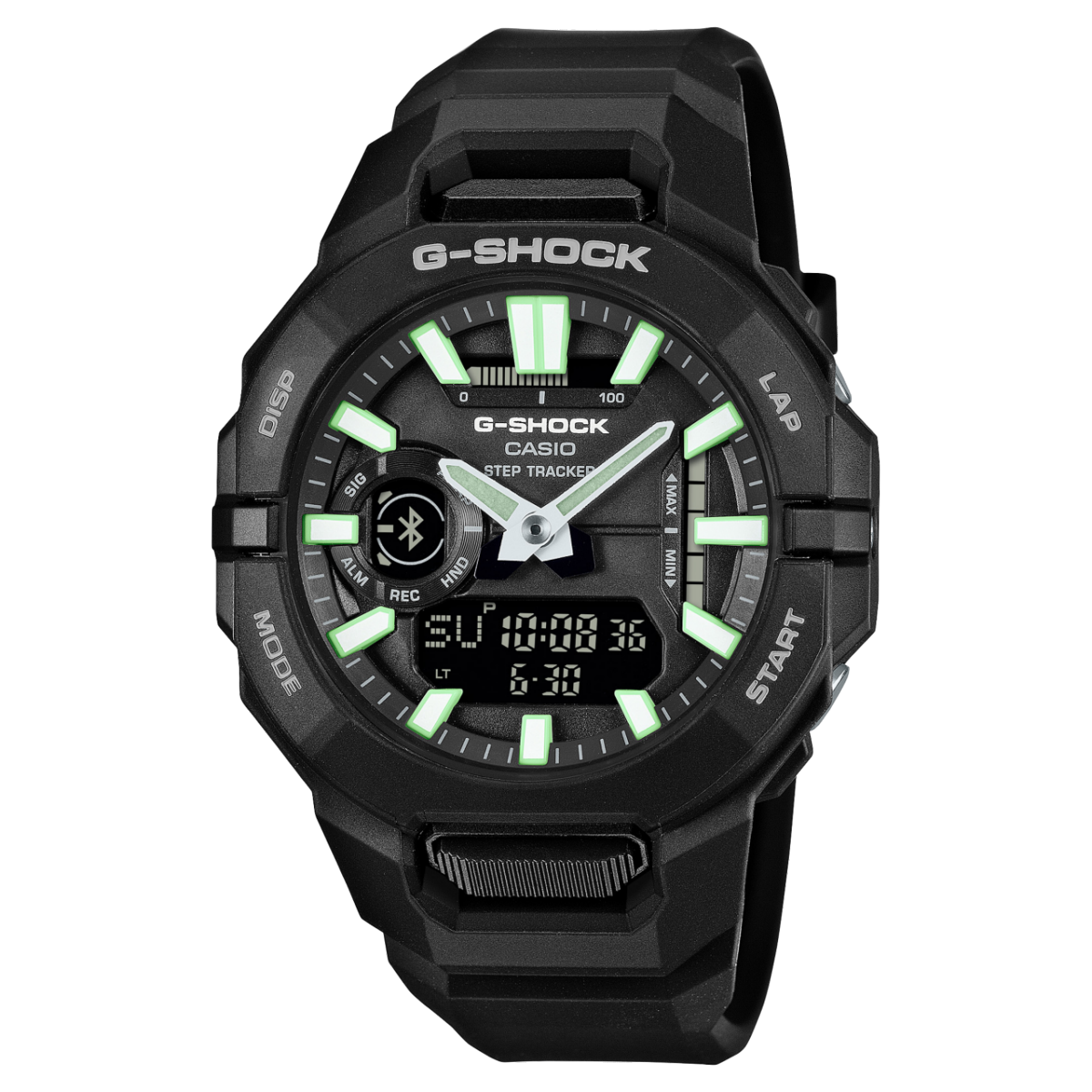G‑SHOCK Sportuhr mit schwarzem Gehäuse, grün markierten Ziffern und digitaler Anzeige