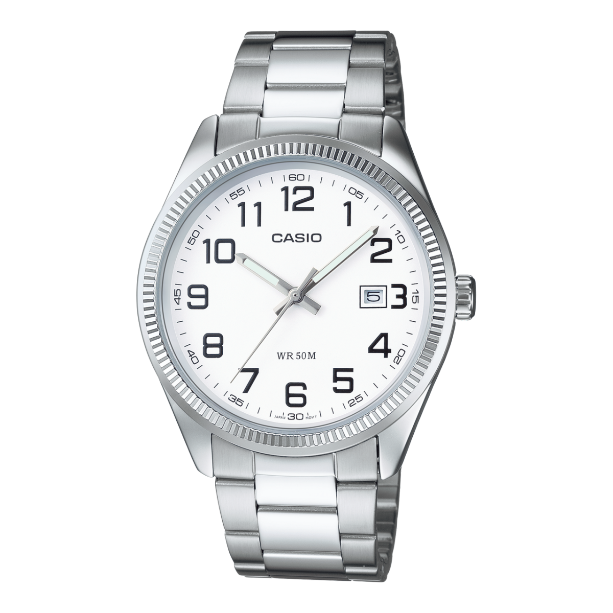 Herrenarmbanduhr von Casio, silberfarbenes Metallarmband, weißes Zifferblatt, Datumsanzeige