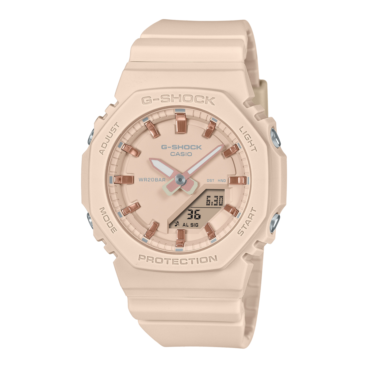 Casio G-Shock Damenuhr: cremefarbenes Silikonarmband, Ana-Digi-Display, Schutzgehäuse