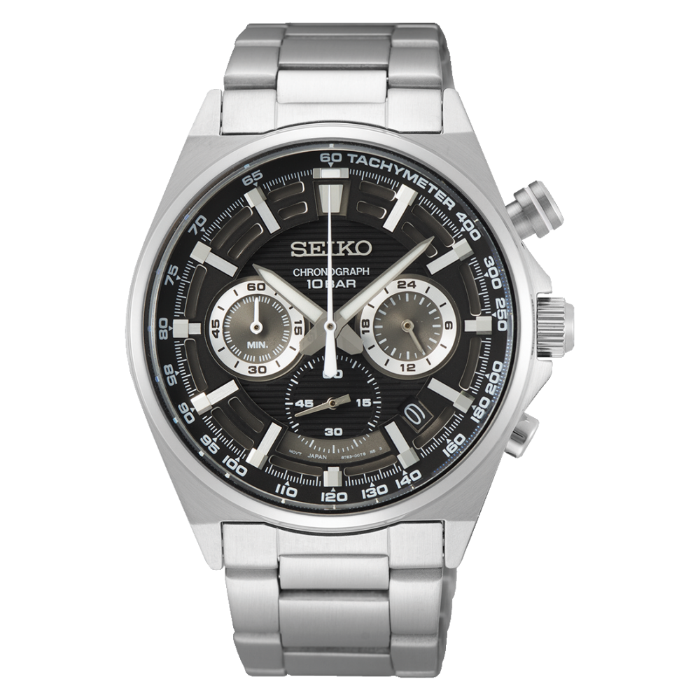 Bracelet de montre pour homme en acier inoxydable argenté avec cadran chronographe noir