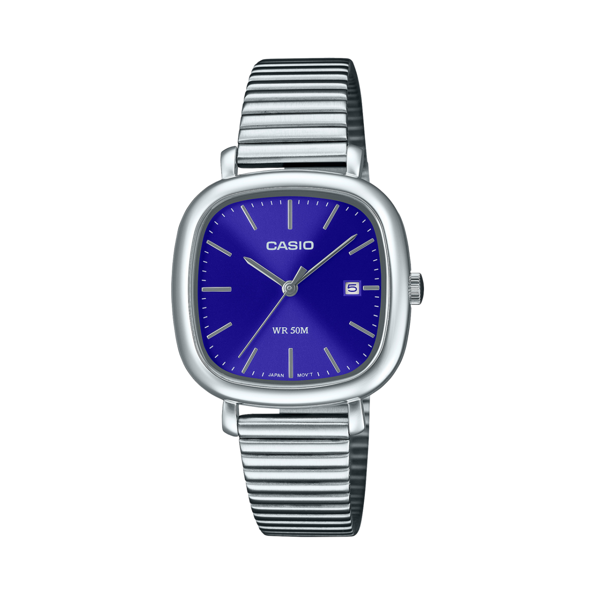 Casio Damenuhr mit blauem Zifferblatt, Datumsanzeige und silbernem Metallarmband