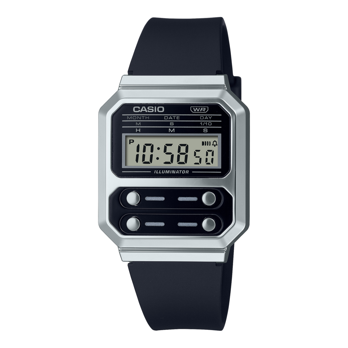 Casio Unisex-Digitaluhr mit silbernem Gehäuse, dunklem Armband und beleuchtetem Display