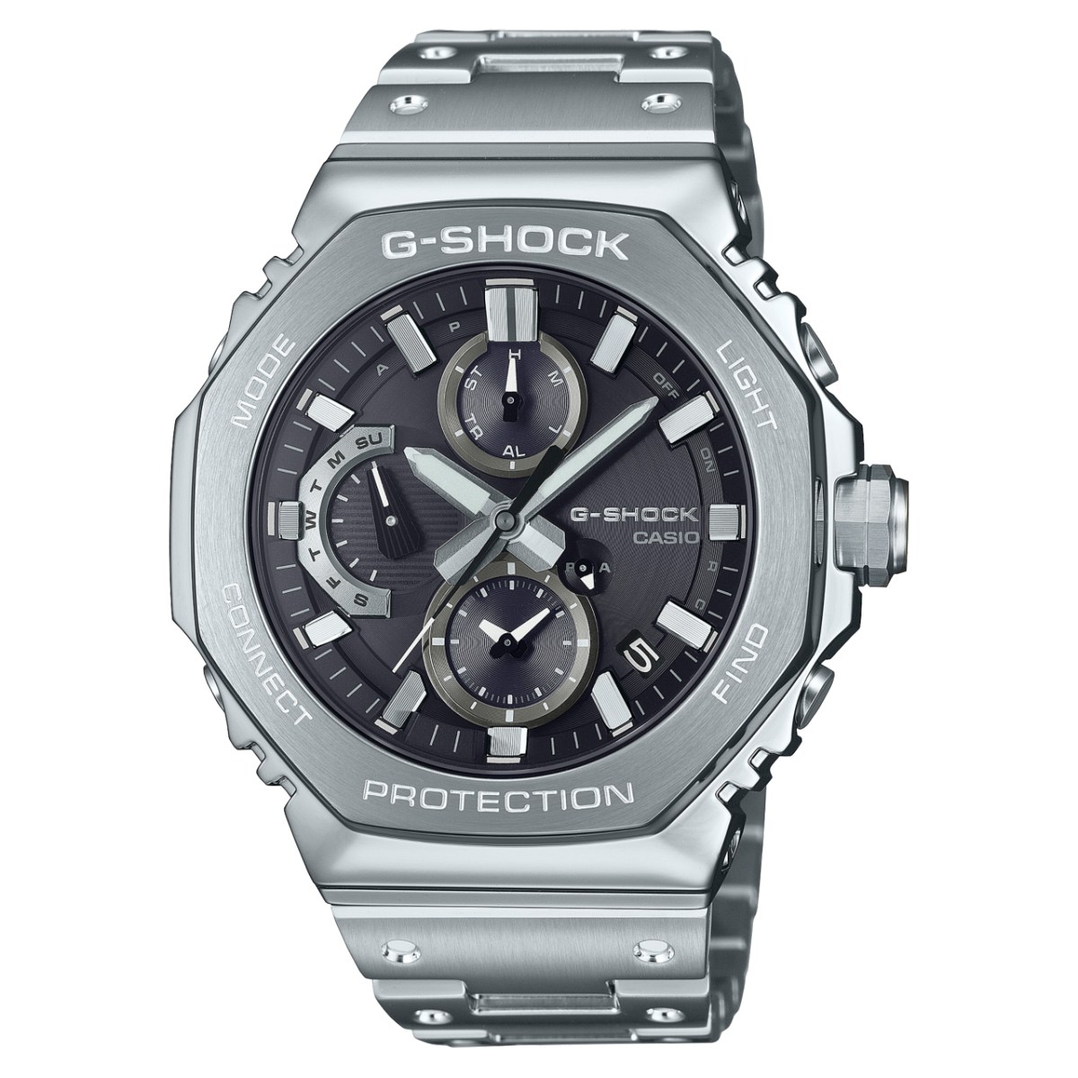 Casio G-SHOCK Herrenuhr mit Vollmetallgehäuse, silberfarbenem Armband und schwarzem Zifferblatt