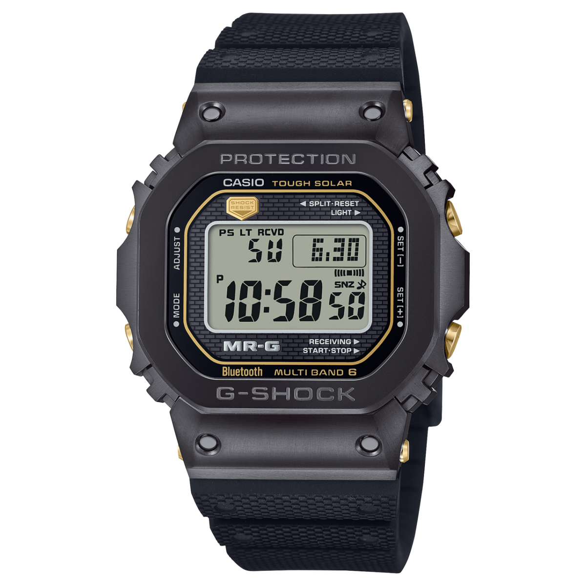 Casio G-Shock Herrenuhr mit schwarzem Gehäuse, Digitalanzeige und schwarzem Armband.