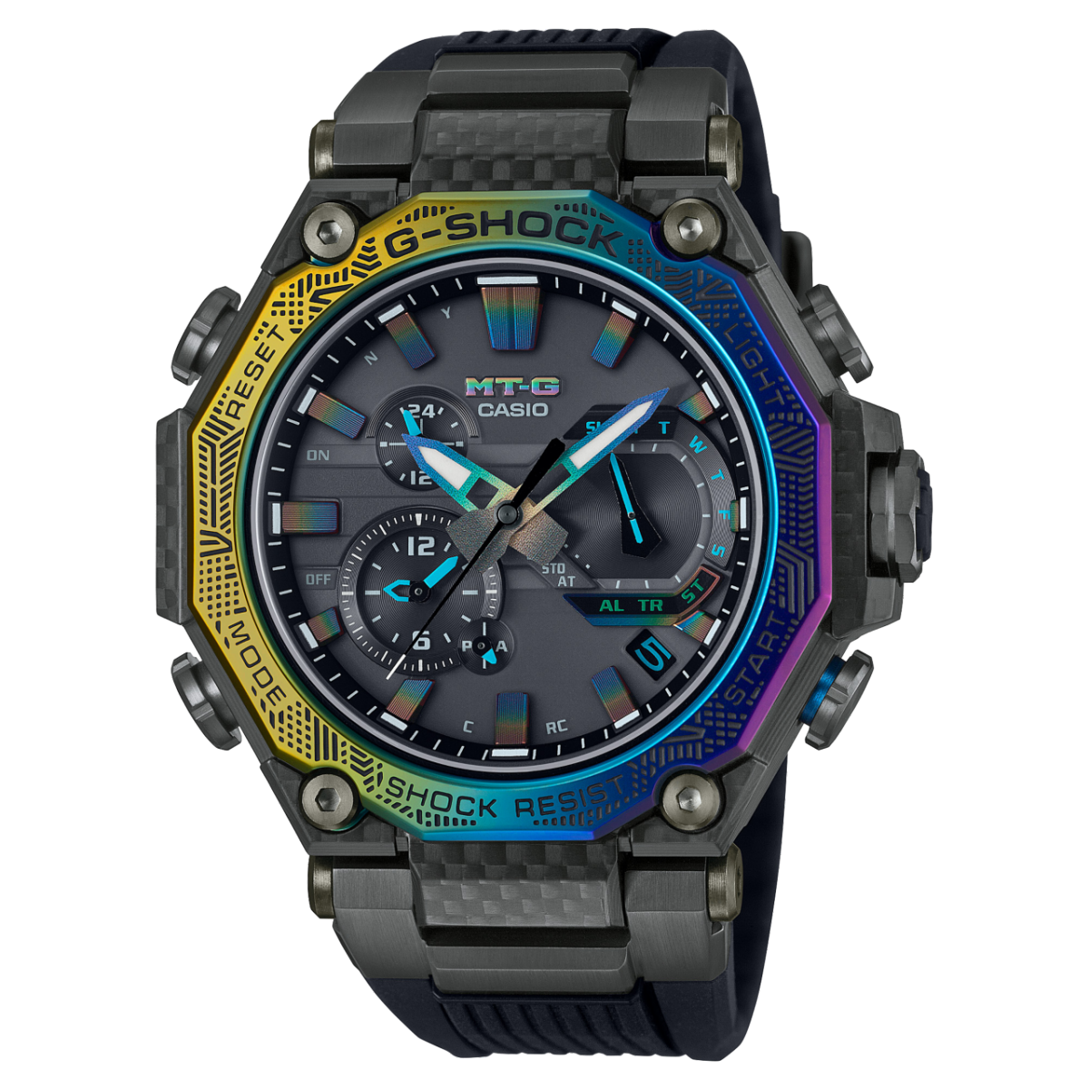 Casio G-Shock Herrenuhr mit schwarzem Gehäuse, Regenbogen-Lünette und blauem Zifferblatt
