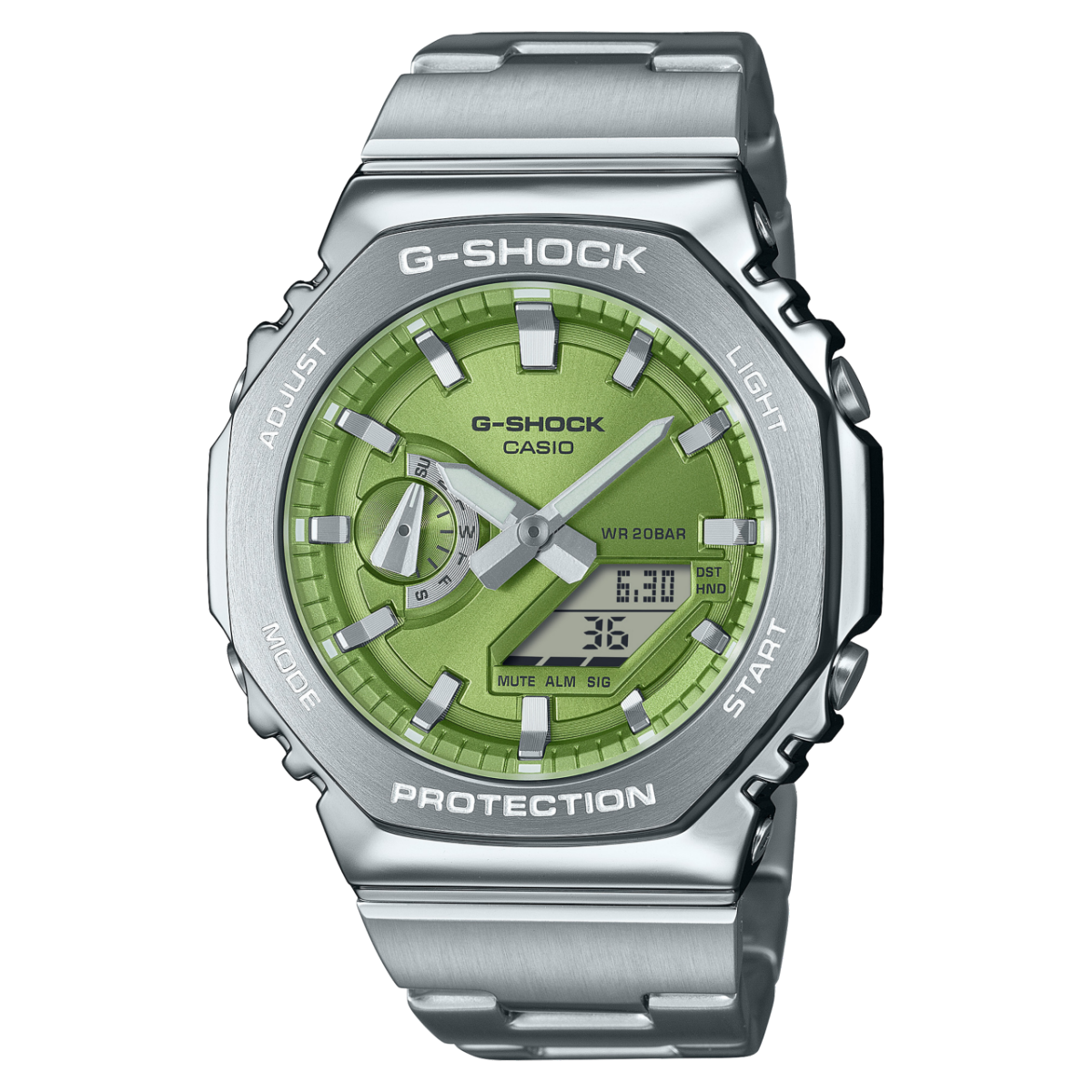 Herren G-SHOCK G-Steel Uhr mit Metallarmband und grünem Zifferblatt, WR 20 bar