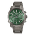 Herrenarmbanduhr mit silbernem Edelstahlarmband und grünem Zifferblatt, drei Hilfszifferblättern