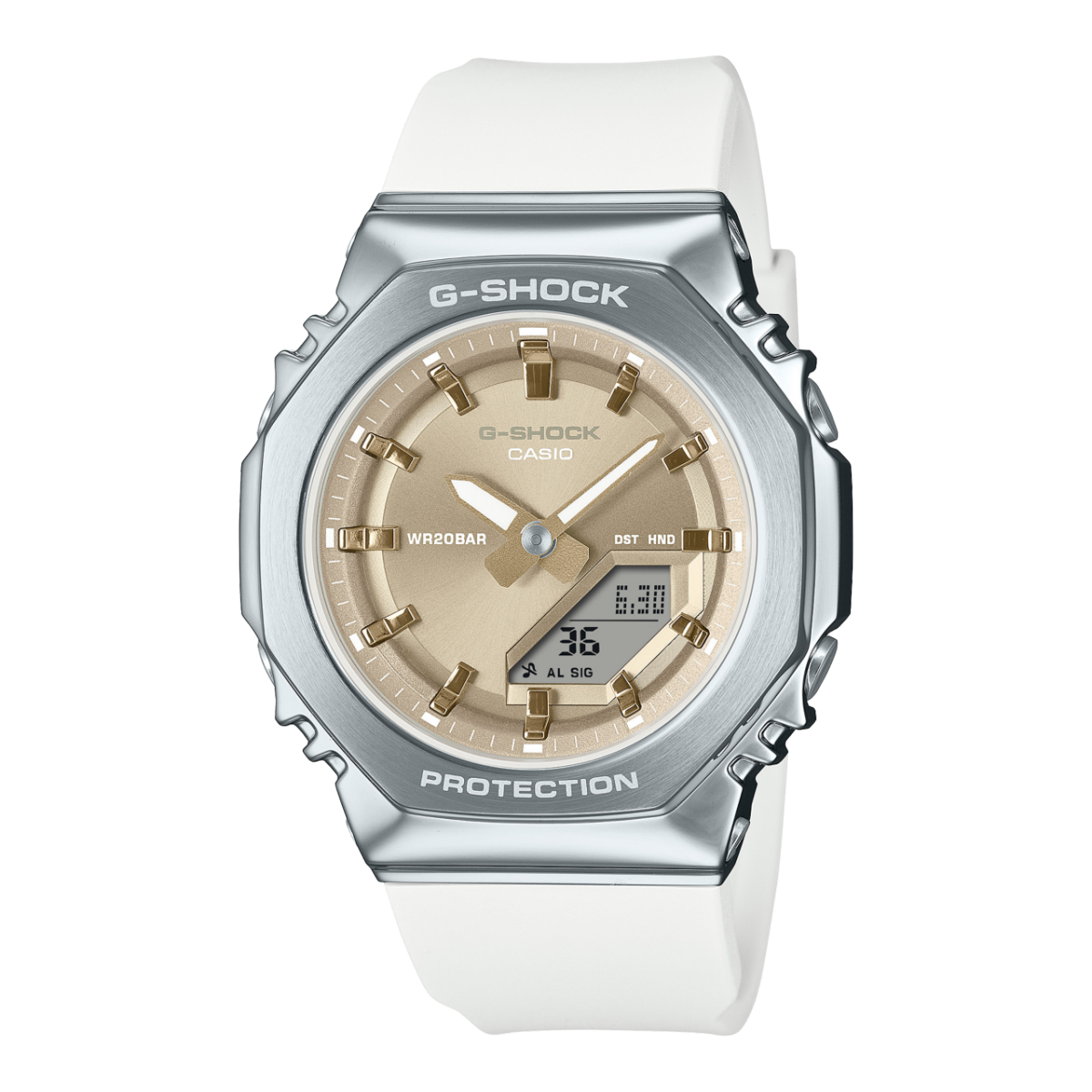 Casio G-Shock Uhr mit silberner Metall-Lünette, goldfarbenem Zifferblatt und weißem Bio-Harzband