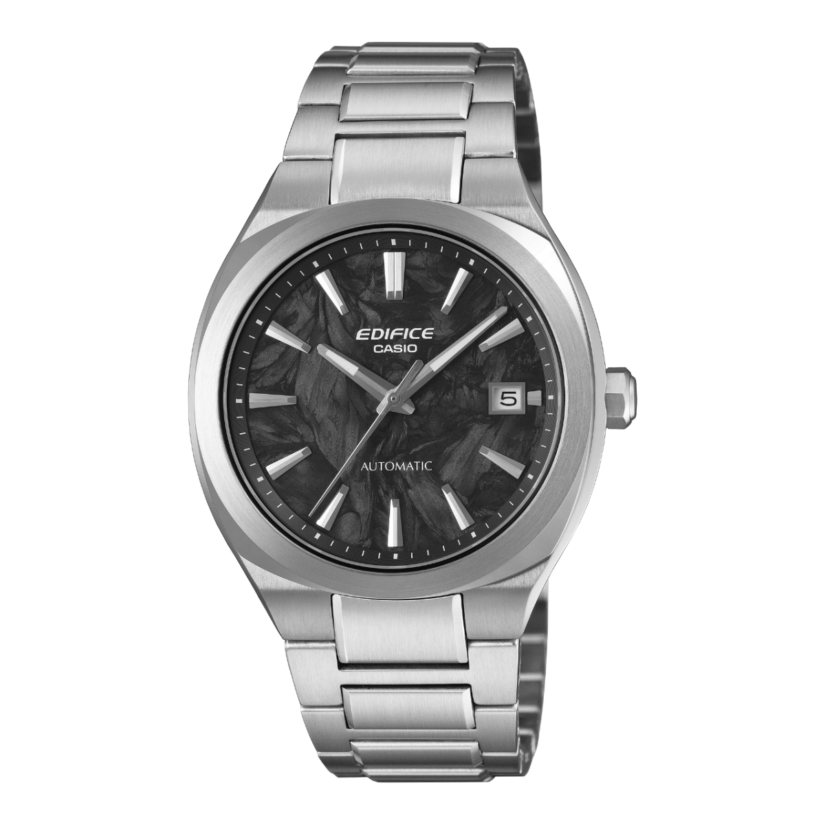 Herren-Automatikuhr von Casio Edifice mit silbernem Edelstahlband und schwarzem Zifferblatt