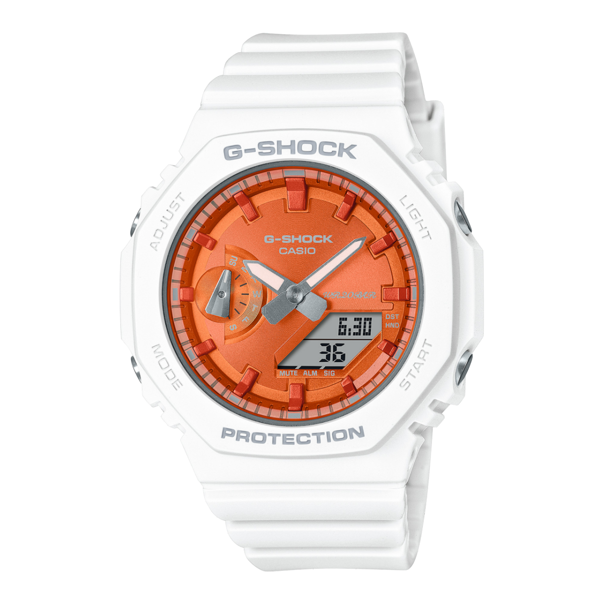 Weiße Damenuhr mit orangefarbenem Zifferblatt und weißem Metallarmband