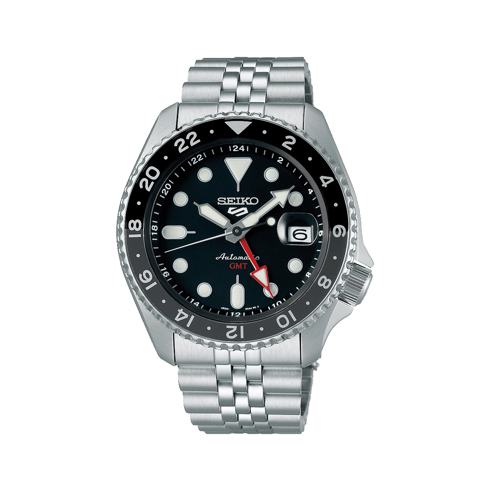 Montre Seiko pour homme avec bracelet en acier inoxydable argenté et cadran noir, affichage GMT