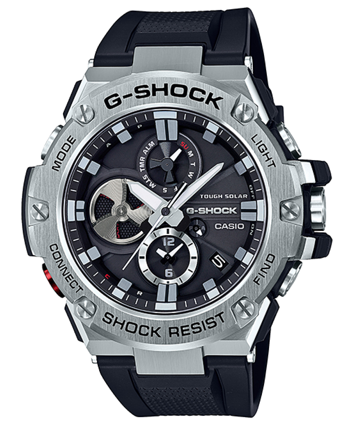 Herren-G-Shock Uhr: Edelstahlgehäuse, schwarzes Silikonarmband, Chronographen-Zifferblatt