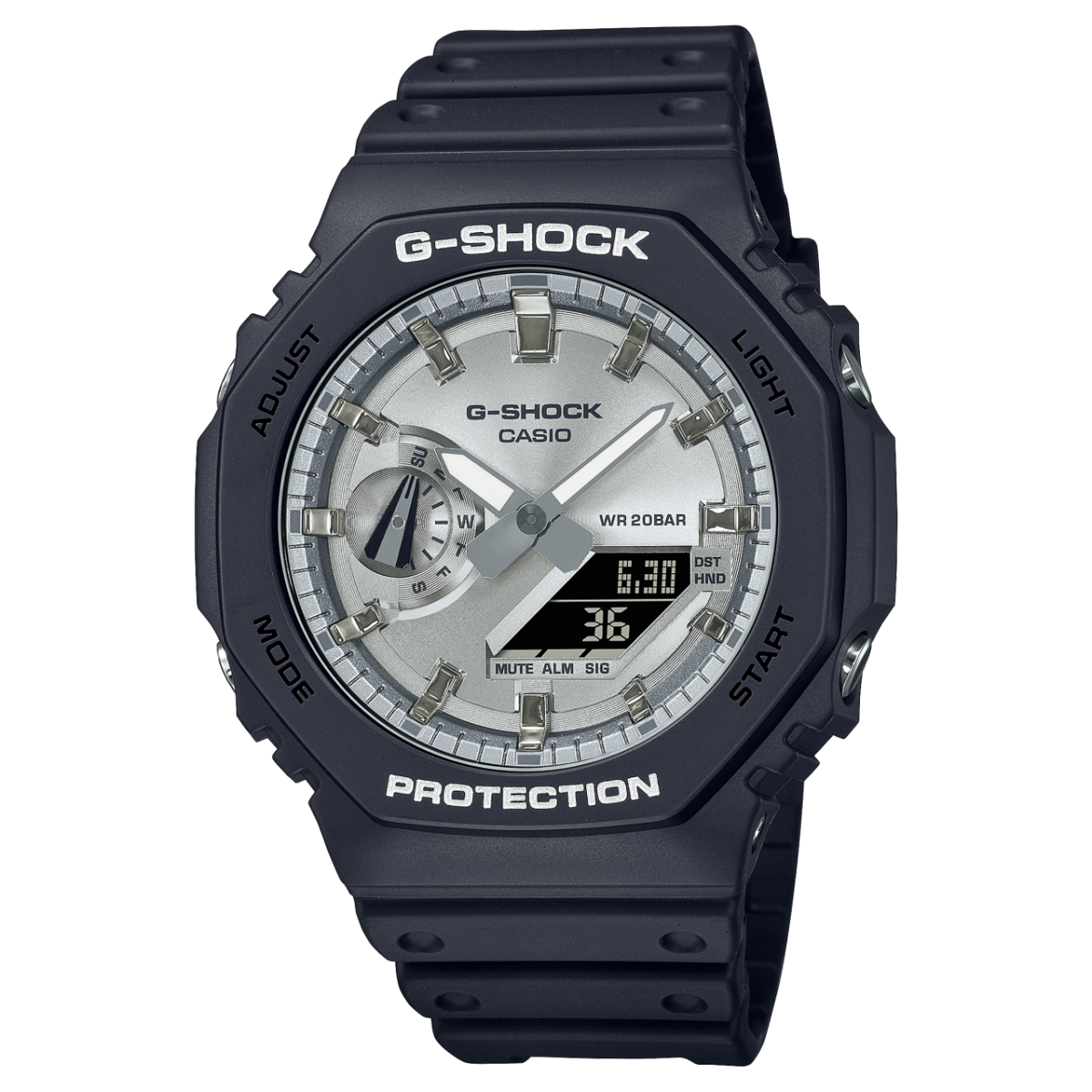 Casio G-Shock Herrenuhr mit dunkelgrauem Gehäuse und silbernem Zifferblatt auf Armband.