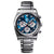 Montre chronographe : cadran bleu, bracelet en acier inoxydable argenté, poussoirs chrono