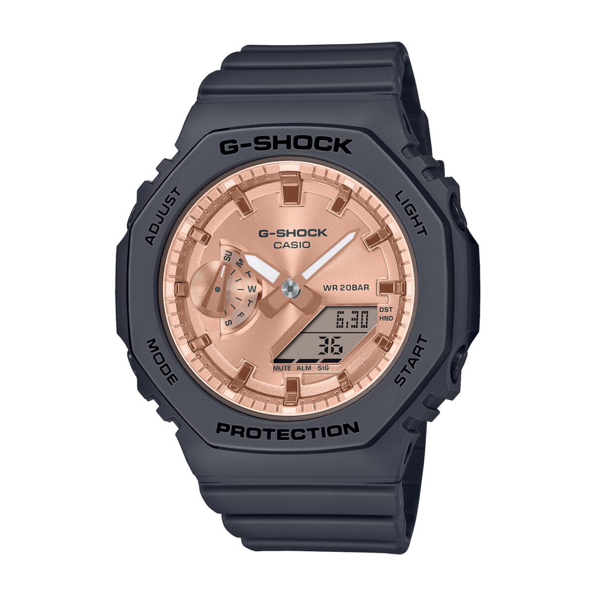 Casio G-Shock Uhr für Damen mit schwarzem Armband und roségoldfarbenem Zifferblatt