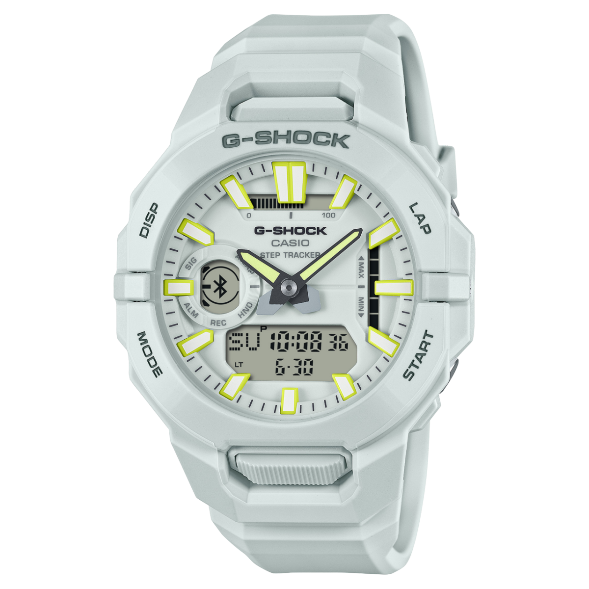 Herren-Armbanduhr G-SHOCK mit weißem Gehäuse und schwarzem Zifferblatt, gelben Akzenten