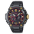 Herrenarmbanduhr mit schwarzem Edelstahlband und rundem Analogzifferblatt, rot-goldene Akzente