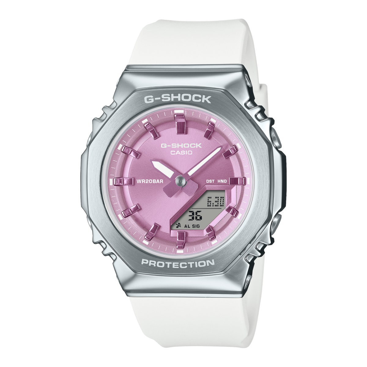 Casio G-Shock GM-S2110 Armbanduhr mit lila Zifferblatt, weißem Armband und Metallgehäuse