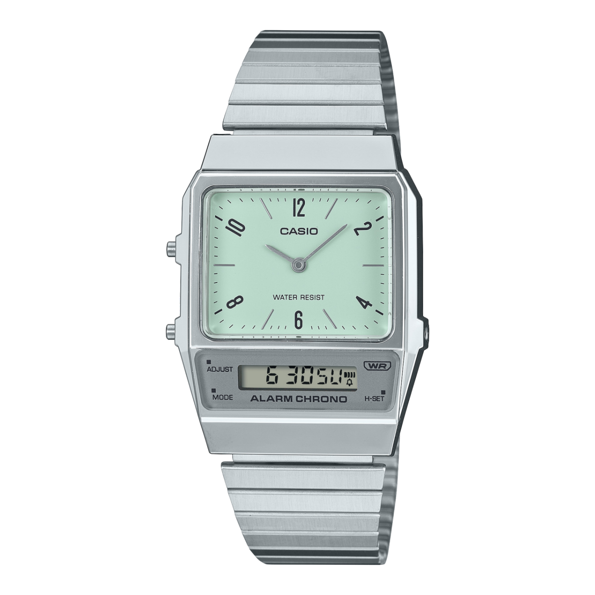 Casio Armbanduhr mit grünem Zifferblatt, analog-digital Anzeige und Metallarmband