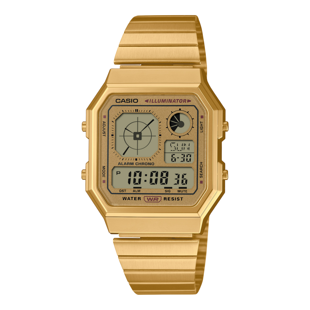 Casio Armbanduhr in Gold mit Metallband, LCD-Display und Analoganzeigen im Zifferblatt