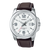 Herrenarmbanduhr mit weißem Zifferblatt, braunem Lederarmband und Mineralglas
