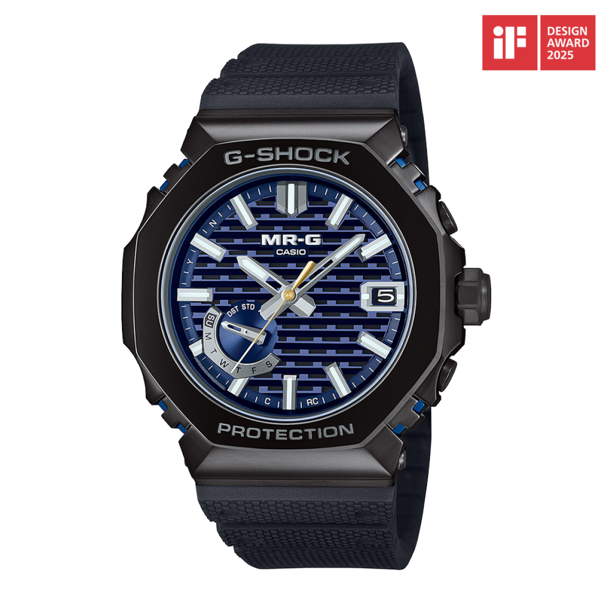 Casio MR-G Herrenuhr mit blauem Zifferblatt und schwarzem Gummiband, rundes Gehäuse.