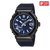 Casio MR-G Herrenuhr mit blauem Zifferblatt und schwarzem Gummiband, rundes Gehäuse.