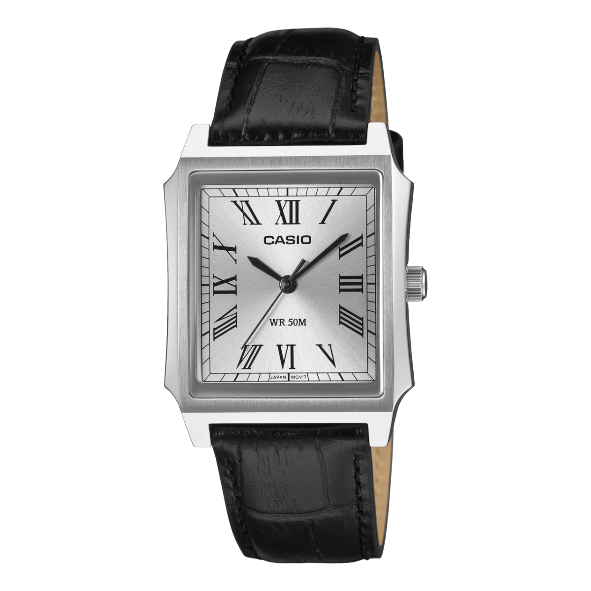 Herrenarmbanduhr Casio mit schwarzem Echtlederband, eckigem Gehäuse und römischem Ziffernblatt