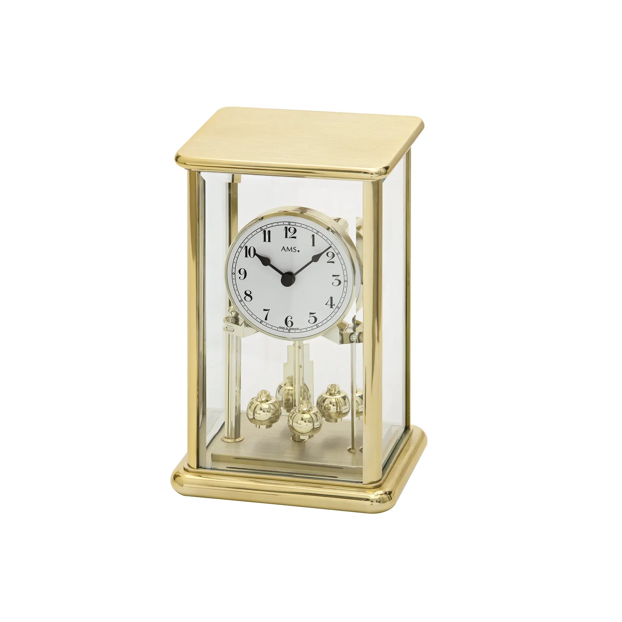 Goldene Standuhr/Tischuhr mit Glaskasten, rundem Ziffernblatt und arabischen Ziffern