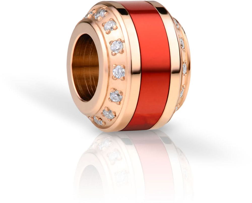 Charm perle de bijou avec anneau rouge émaillé, bords dorés et pierres scintillantes en zircone