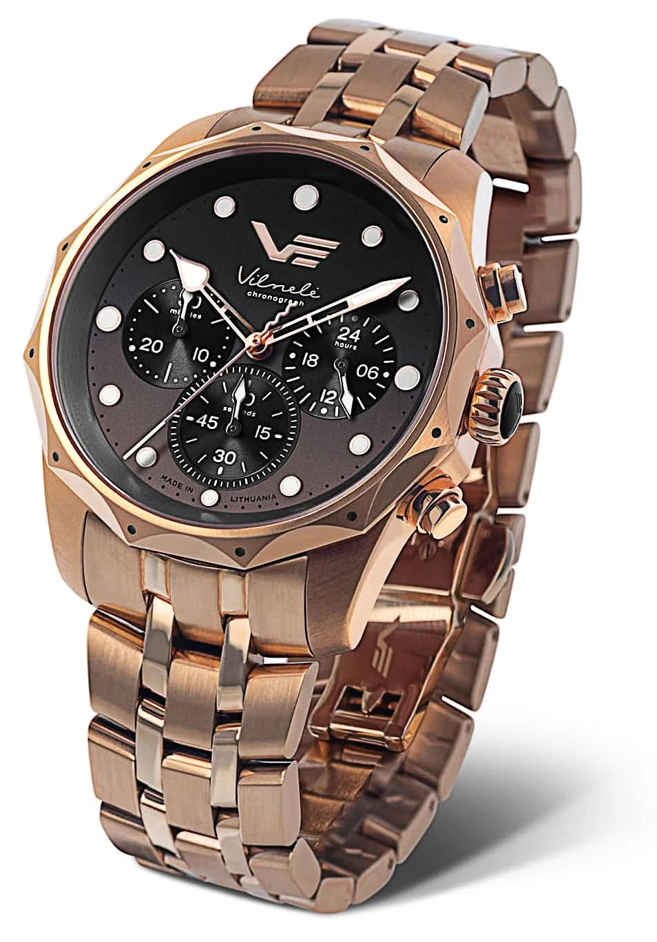 Montre Vostok Europe pour femme avec cadran chronographe noir et bracelet en acier inoxydable doré