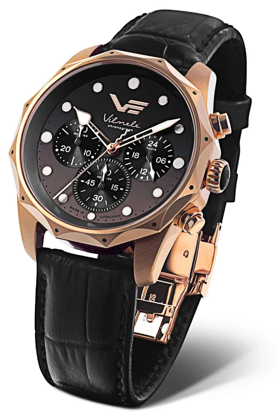 Montre pour femme avec cadran noir, lunette couleur or rose et bracelet en cuir