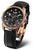 Montre pour femme avec cadran noir, lunette couleur or rose et bracelet en cuir