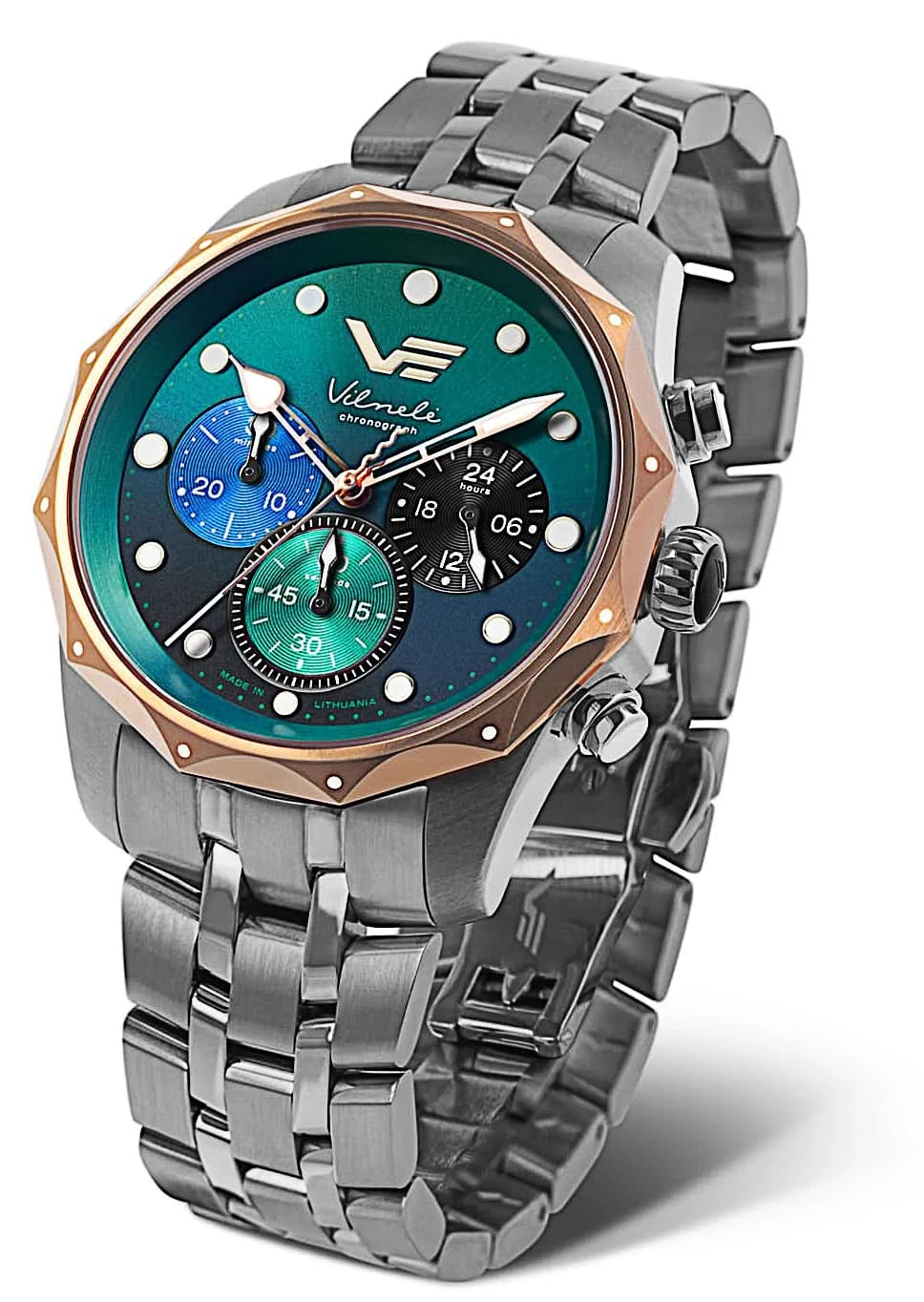 Montre pour femme avec cadran vert, sous-cadrans chronographes, bracelet en acier inoxydable et lunette en or rose
