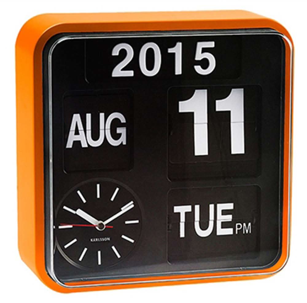 Horloge murale avec affichage de date à bascule, cadre orange, 11 août 2015, aiguilles d'horloge